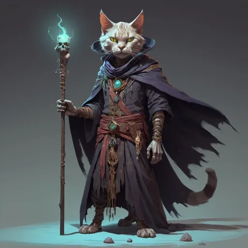 Prompt: A cat person undead warlock from the desert, masterpiece, Character Design art. Concept Art. Digital Art. 4k HD. Trending on artstation. 