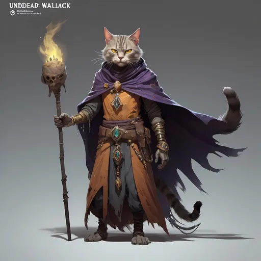 Prompt: A cat person undead warlock from the desert, masterpiece, Character Design art. Concept Art. Digital Art. 4k HD. Trending on artstation. 