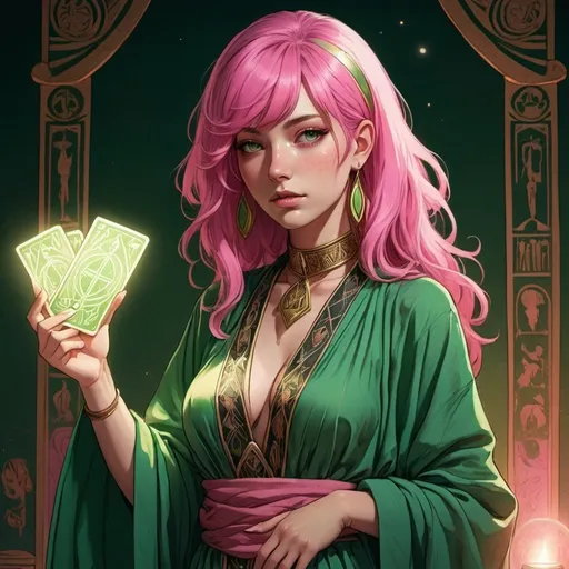 Prompt: tarot card Anime illustration, a pink-haired woman, detailed green Egyptian cloth robe, dramatic lighting
