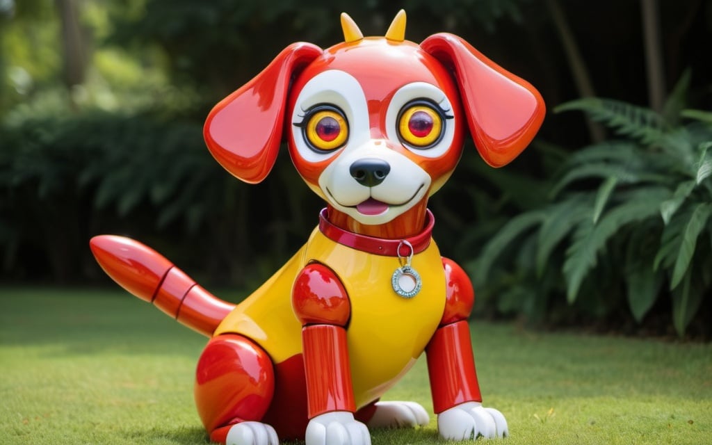 Prompt: Orange and yellow Dog animatronic red shiny Ruby colored eyes a yellow sun themed dress fre