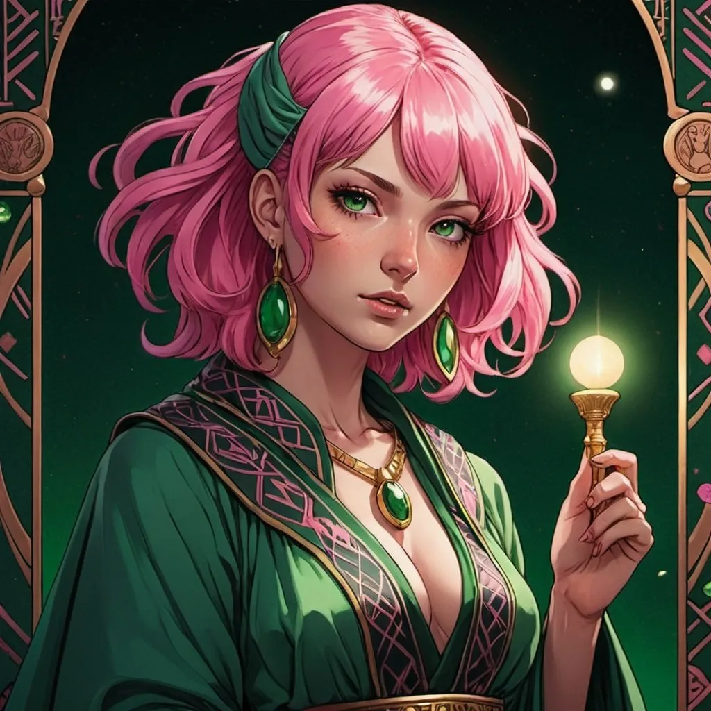 tarot card Anime illustration, a pink-haired woman,...