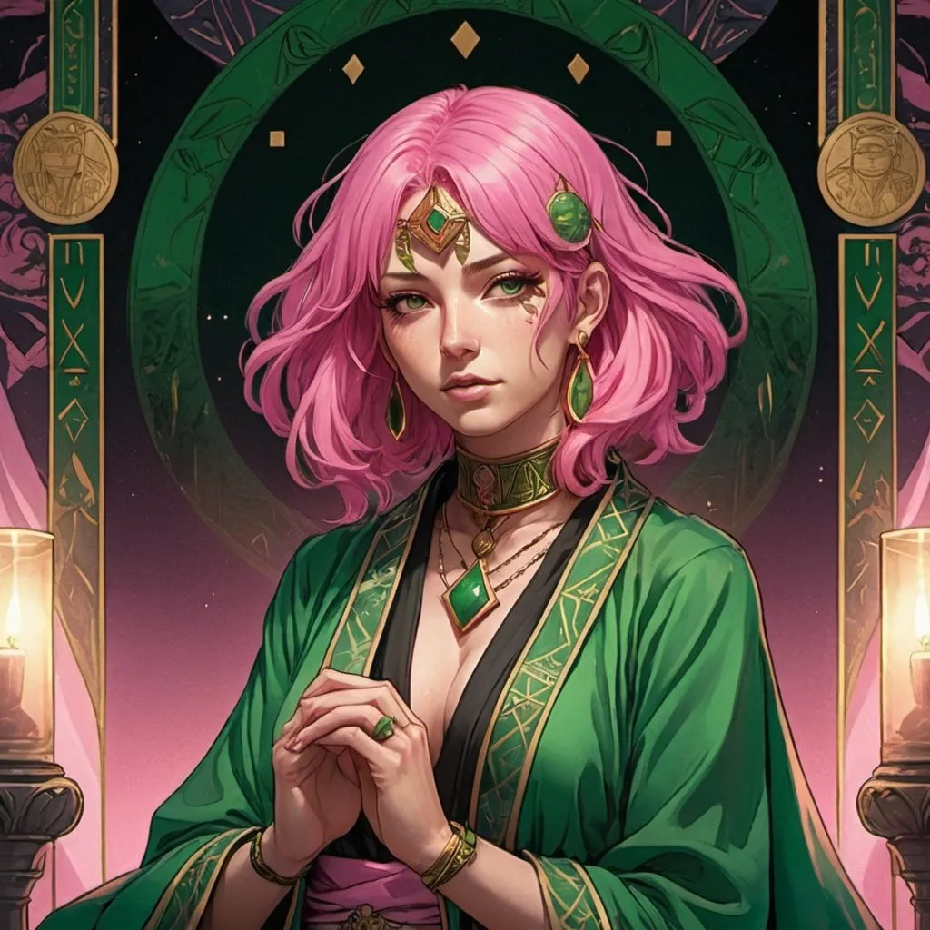 Prompt: tarot card Anime illustration, a pink-haired woman with green highlights, detailed green Egyptian cloth robe, dramatic lighting