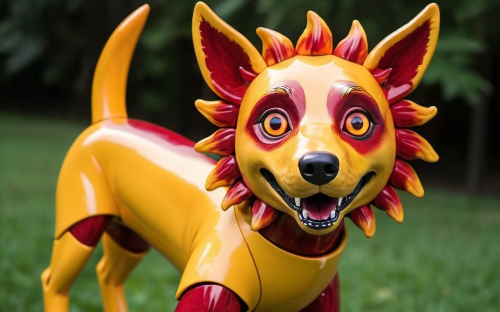 Prompt: Orange and yellow Dog animatronic red shiny Ruby colored eyes a yellow sun themed dress friendly looking 