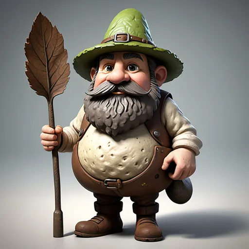 Prompt: Create a detailed 3D model of a small, rotund, dwarf -like character with a potato-textured body the character should have a large, bushy moustache and a be dressed in rustic, tattered clothing including a floppy hat, the character should carry a small shovel and have leaves or plants growing from its bady suggesting a connection to nature the scene should, be set in a mystical forest with rich earthy tones and soft diffused lighting,