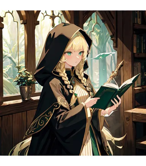 Prompt: Female elf with a wavy blond fishtail braid, neatly cut straight bangs above her emerald green eyes, wearing a hooded black cloak, high quality, fantasy, detailed flaxen hair, enchanted, atmospheric lighting, kawaii, anime, manga, cute, moe, wizard, witch, mage, magician, wooden staff, magic staff, magician staff, stick, wood, wooden stick