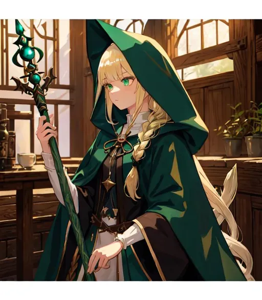 Prompt: Female elf with a wavy blond fishtail braid, neatly cut straight bangs above her emerald green eyes, wearing a hooded black cloak, high quality, fantasy, detailed flaxen hair, enchanted, atmospheric lighting, kawaii, anime, manga, cute, moe, wizard, witch, mage, magician, wooden staff, magic staff, magician staff, stick, wood, wooden stick