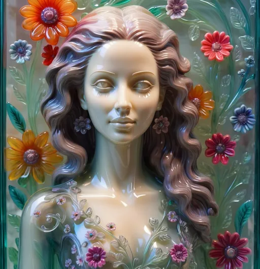 Prompt: A detailed and vibrant transparent glass sculpture of a woman with flowers, intricate details, surreal, colorful background