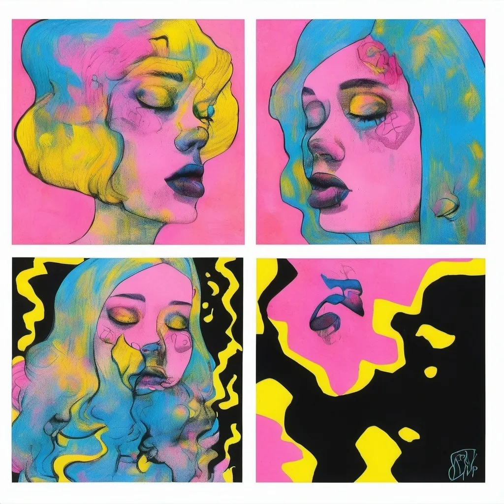 Prompt: Pop art, a woman with blue hair, pink smoke coming out of her head, a yellow background