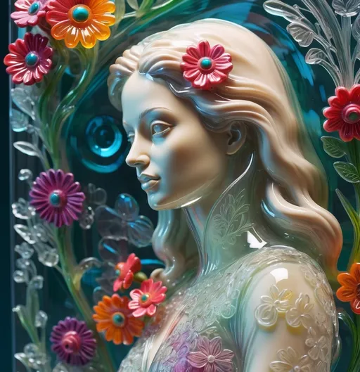 Prompt: A detailed and vibrant transparent glass sculpture of a woman with flowers, intricate details, surreal, colorful background