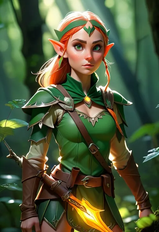 Prompt: Elf ranger in a mystical forest around sunlight