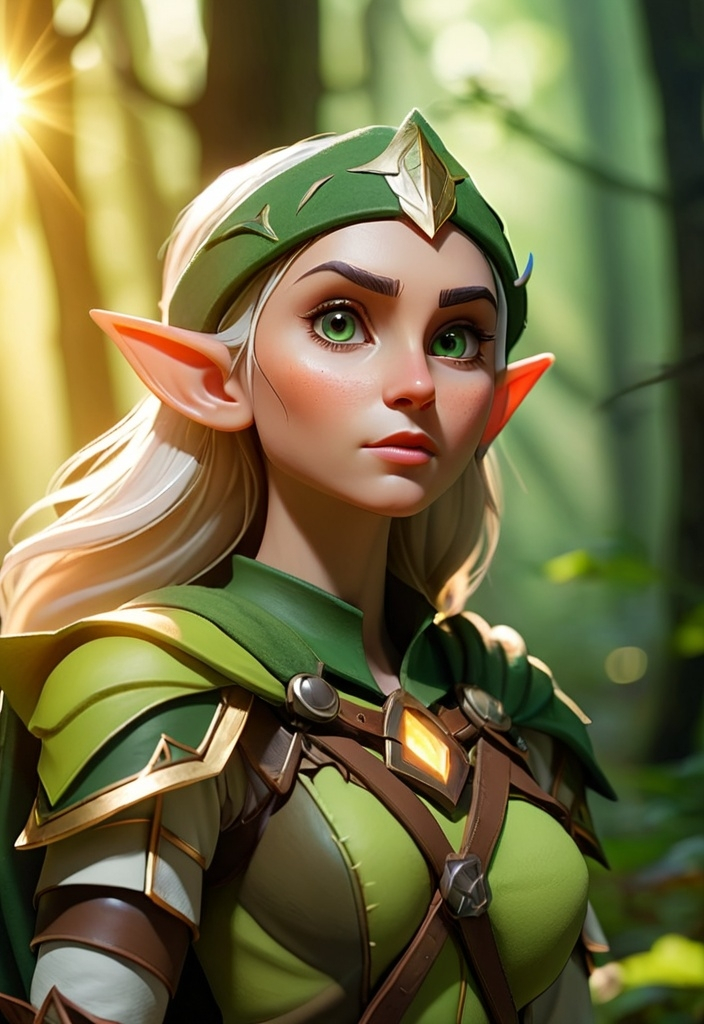 Prompt: Elf ranger in a mystical forest around sunlight