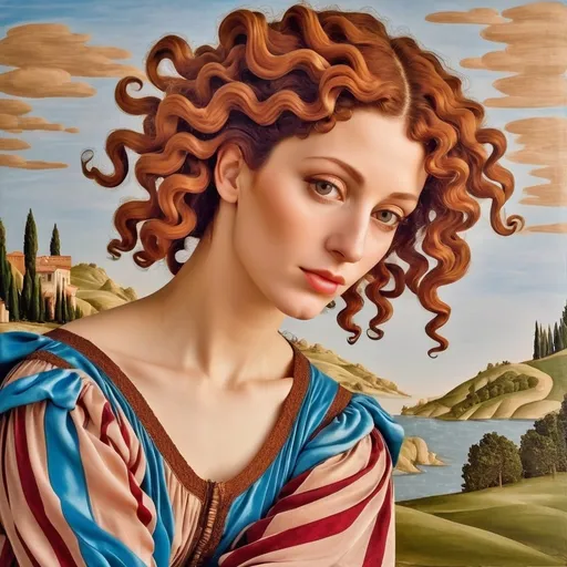 Prompt: Sandro Botticelli style woman with curly hair, early Renaissance, mythological, linear, vibrant