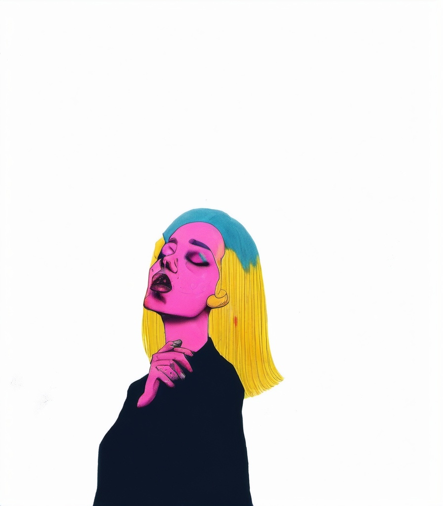 Prompt: Pop art, a woman with blue hair, pink smoke coming out of her head, a yellow background