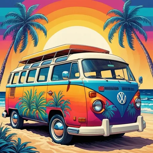 Prompt: Psychedelic print VW microbus on a sandy beach, deep blue water, large palm trees, vibrant colors, high quality, detailed illustration, psychedelic, retro, vintage, beach setting, vibrant tones, exotic atmosphere, sandy shore, groovy design, classic van, tropical paradise, colorful patterns, 70s vibe, sunny day, beachfront view