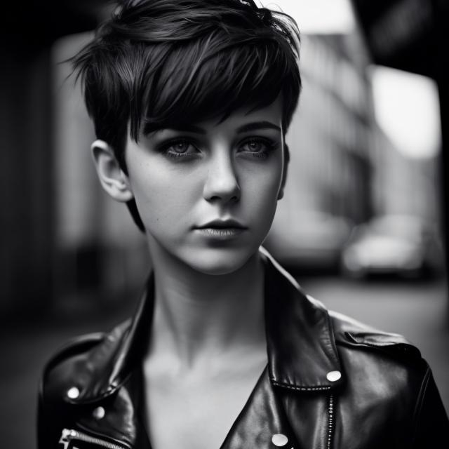 Prompt: High quality, detailed, realistic portrait of a confident young woman, short hair, wearing a stylish leather jacket, urban setting, professional photography, cool tones, dramatic lighting, edgy vibe, determined expression, urban fashion, modern, intense gaze, realistic skin texture, detailed hair, ultra HD, fashion photography, short hair, leather jacket, urban, cool tones, dramatic lighting, professional, modern, edgy, confident