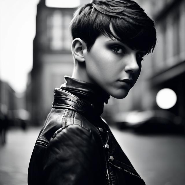 Prompt: High quality, detailed, realistic portrait of a confident young woman, short hair, wearing a stylish leather jacket, urban setting, professional photography, cool tones, dramatic lighting, edgy vibe, determined expression, urban fashion, modern, intense gaze, realistic skin texture, detailed hair, ultra HD, fashion photography, short hair, leather jacket, urban, cool tones, dramatic lighting, professional, modern, edgy, confident