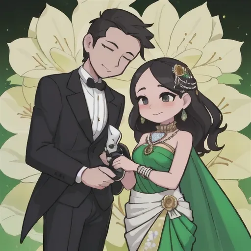 Prompt: Amid a vibrant celebration adorned with colorful floral decor, a couple stands gracefully together, exuding elegance and style. The man, dressed in a light beige blazer over a black shirt, pairs his sophisticated look with a sleek wristwatch, while the woman beside him is draped in a stunning emerald green saree that cascades beautifully over her figure, contrasting with her flowing dark hair. She holds a chic white clutch, accentuating her glamorous appearance, as the soft lighting highlights their joyful expressions. The backdrop features lush green drapes and an elaborate floral arrangement, hinting at a festive occasion filled with warmth and celebration.