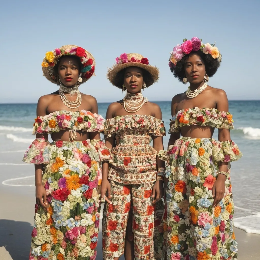 Prompt: africans dressed in floral dressing at a beach