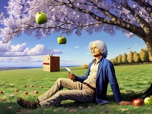 Prompt: isaac newton under a apple tree and a apple is falling down 