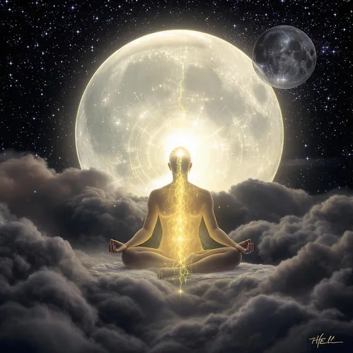 Prompt: consciousness with moon while meditating environment