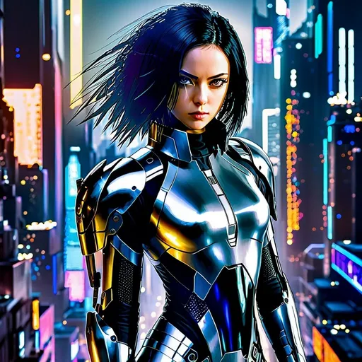 Prompt: Alita Battle Angel inspired full body 
 portrait, digital painting, cybernetic enhancements, intense gaze, high-res, anime, futuristic cyberpunk, metallic tones, dramatic lighting, cybernetic details, sleek design, cityscape background, professional artwork