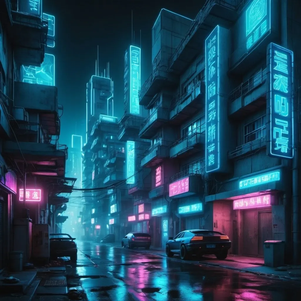 Prompt: cyberpunk city in neon blue colors, view from side of street