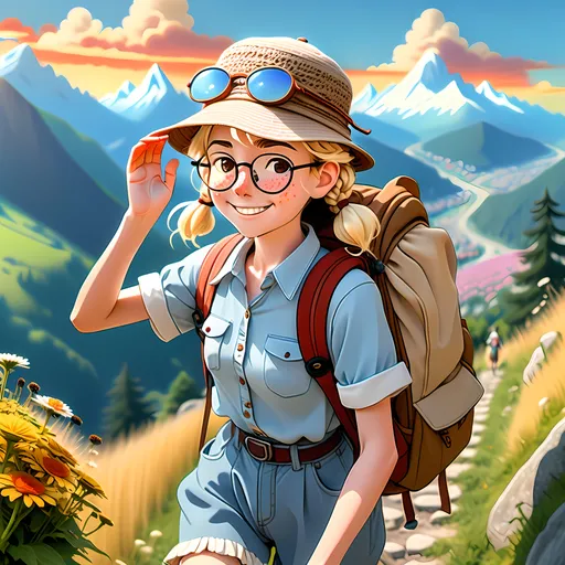 Prompt: 2d studio ghibli anime style, a friendly and curious, very skinny tall slim cute smiling blonde young Woman with many freckles, braids and "Edelweiß"-flower-logo ON her hat oldschool light Blue aviators sunglasses big Backpack in traditional Swiss native clothes is waving one hand at you in a warm funny way, Walking over a mountainside, vibrant Background, Sunset.