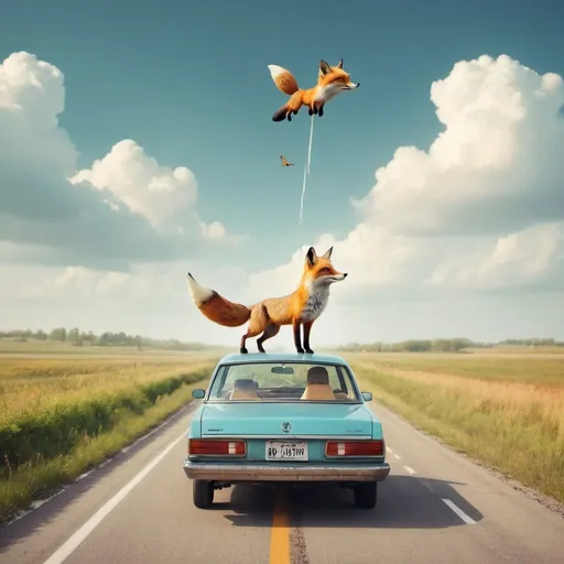 Prompt: a car in the highway and a fox flying to paradise
 
