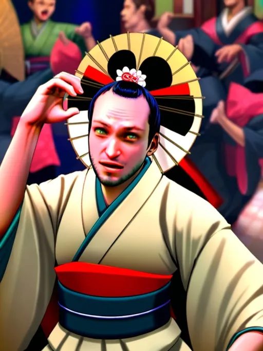 Prompt: Put input face in Geisha face and make him dance in front of loud crowd