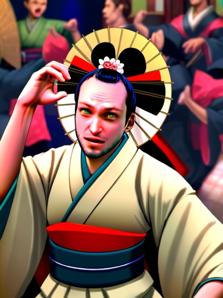 Prompt: Put input face in Geisha face and make him dance in front of loud crowd