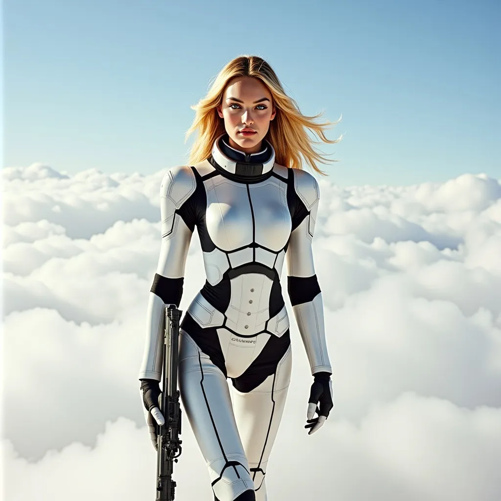 Prompt: realistic 18-year-old tall young south African woman blonde long hair, light blue eyes, walking on clouds all around, detailed full body armor, white on black space-age military suit, holding a blaster rifle, natural lighting, shot on kodak gold 400