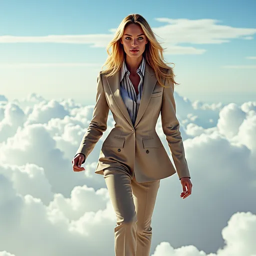 Prompt: realistic 18-year-old tall young south African woman blonde long hair, light blue eyes, walking on clouds all around, detailed mixed colors body armor, mixed colors Business suit, natural lighting, shot on kodak gold 400