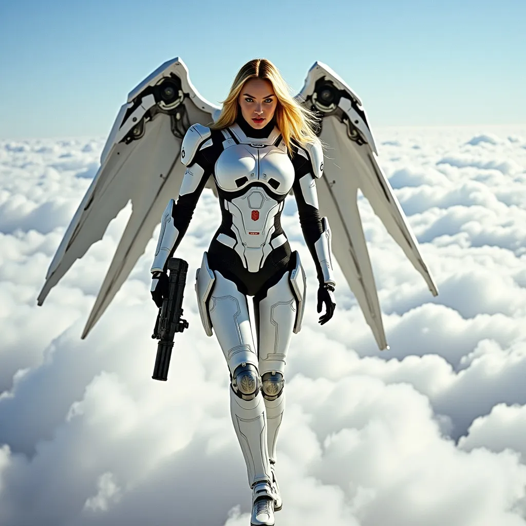 Prompt: realistic 18-year-old tall young south African woman blonde long hair, light blue eyes, large combat-wings, walking on clouds all around, detailed full combat armor, white on black space-age military, holding a blaster rifle, holding a transparent shield, natural lighting, shot on kodak gold 400