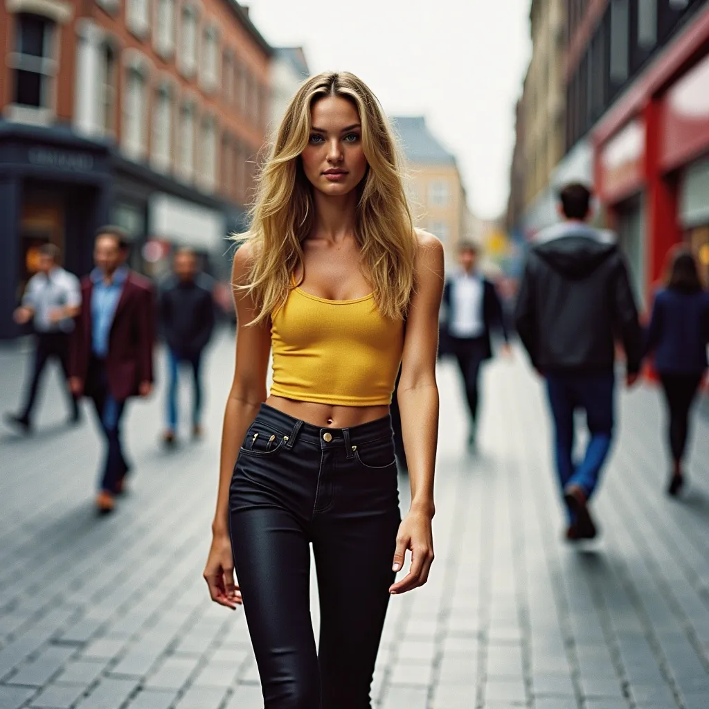 Prompt: realistic tall young woman, walking down the high street, detailed clothing, natural lighting, shot on kodak gold 400