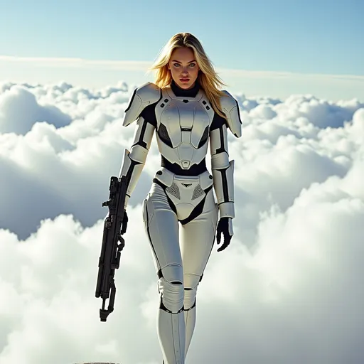 Prompt: realistic 18-year-old tall young south African woman blonde long hair, light blue eyes, walking on clouds all around, detailed full body armor, white on black space-age military, holding a blaster rifle, natural lighting, shot on kodak gold 400