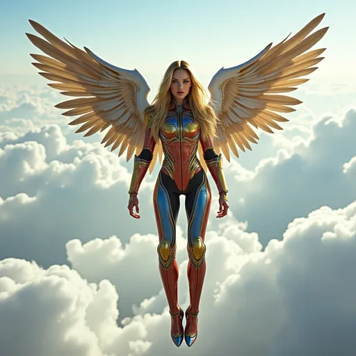 Prompt: realistic 18-year-old tall young south African woman blonde long hair, light blue eyes, angel-wings, hovering in the air with clouds all around, detailed mixed colors body armor, mixed colors Business suit, natural lighting, shot on kodak gold 400