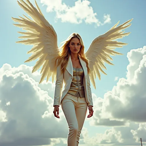 Prompt: realistic 18-year-old tall young south African woman blonde long hair, light blue eyes, angel-wings, hovering in the air with clouds all around, detailed mixed colors body armor, mixed colors Business clothing, natural lighting, shot on kodak gold 400