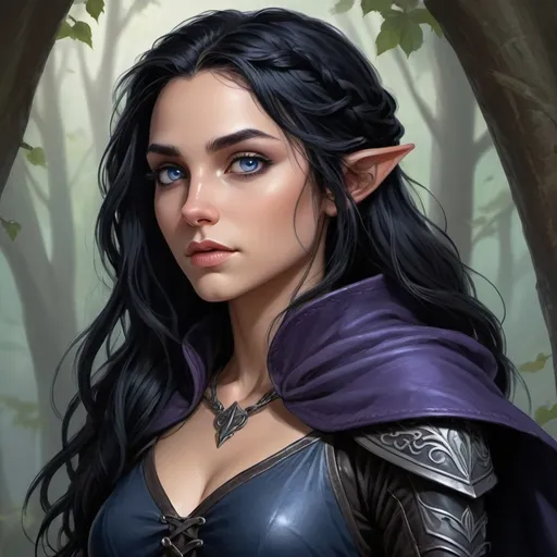 Prompt: Half-Elf with long, wavy midnight-black hair that cascades to her mid-back, often loosely braided. Her dusky skin has a subtle, ethereal glow, contrasting with her vivid violet eyes that shimmer with an inner light. Slightly pointed ears hint at her elven heritage, while her lithe, athletic build speaks to years of honing her agility. Dressed in dark, form-fitting leather armor, she moves with the grace of a shadow, her midnight-blue cloak flowing behind her, often with the hood up to conceal her features, leaving only her piercing eyes visible.