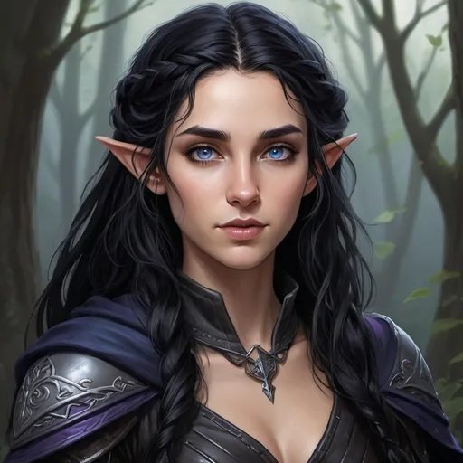 Prompt: Half-Elf with long, wavy midnight-black hair that cascades to her mid-back, often loosely braided. Her dusky skin has a subtle, ethereal glow, contrasting with her vivid violet eyes that shimmer with an inner light. Slightly pointed ears hint at her elven heritage, while her lithe, athletic build speaks to years of honing her agility. Dressed in dark, form-fitting leather armor, she moves with the grace of a shadow, her midnight-blue cloak flowing behind her, often with the hood up to conceal her features, leaving only her piercing eyes visible.