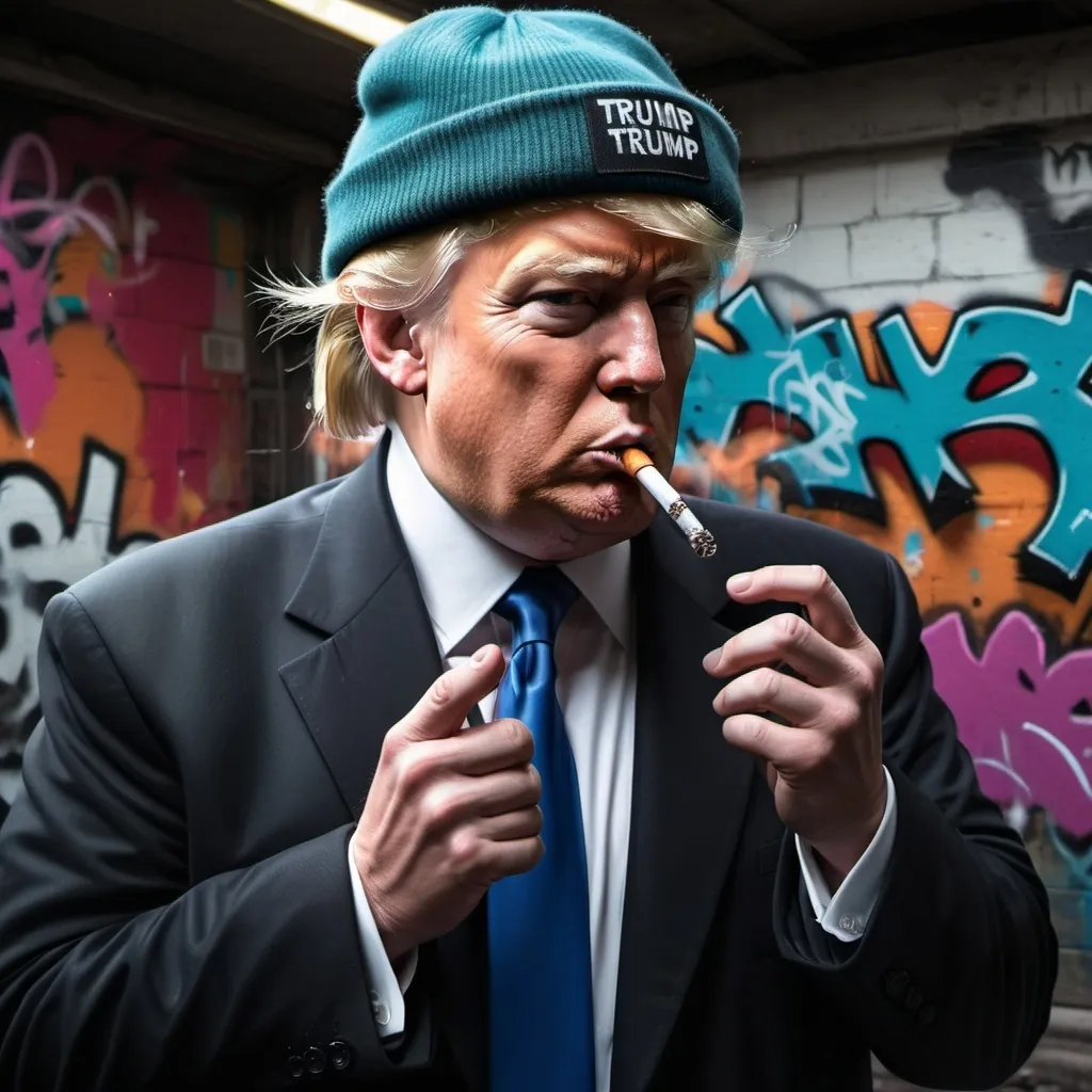 Prompt: Gangster donald trump smoking a blunt with a beanie on