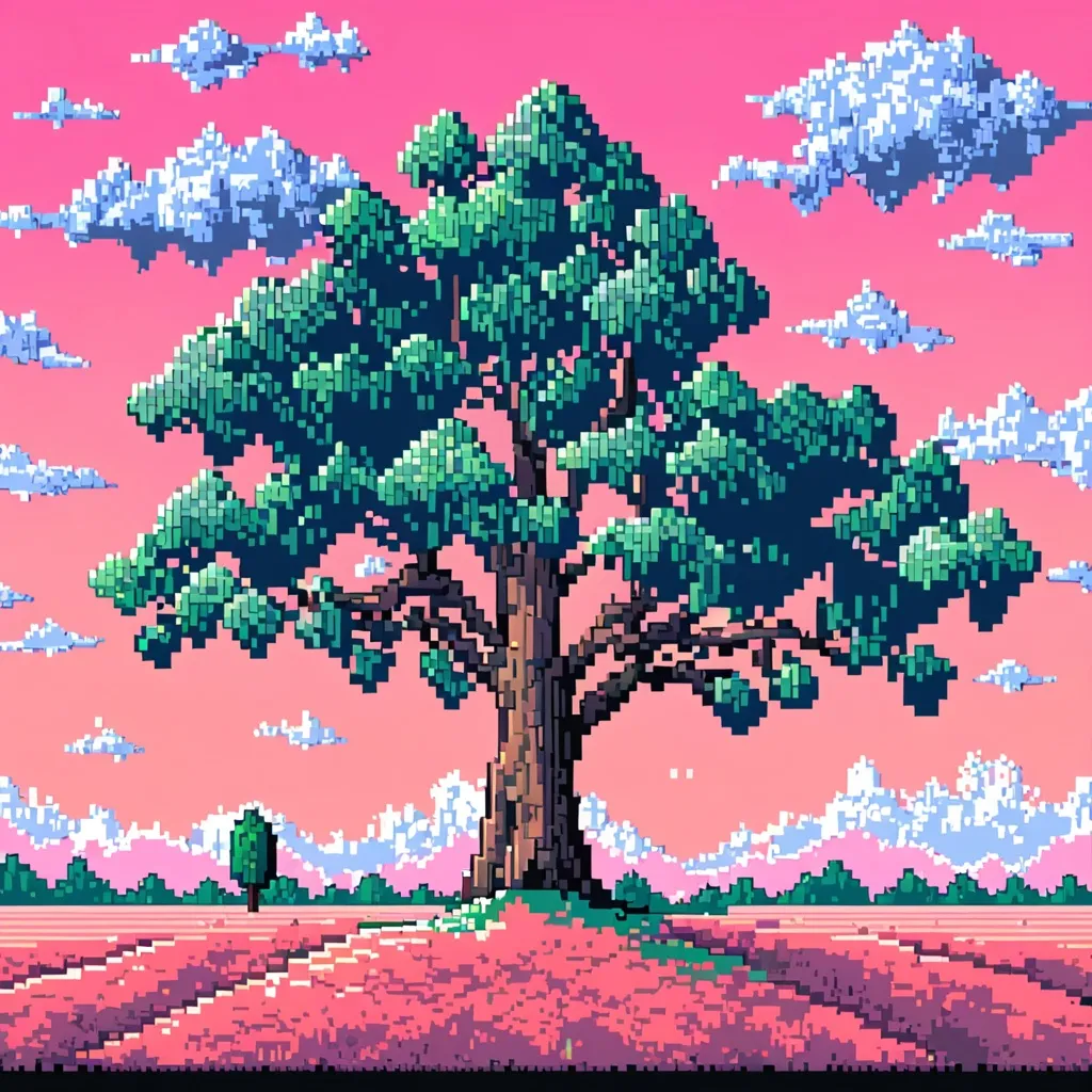 Prompt: a painting of a tree in a field with clouds in the background and a pink sky with clouds in the background, Chris LaBrooy, pixel art, trees, pixel art