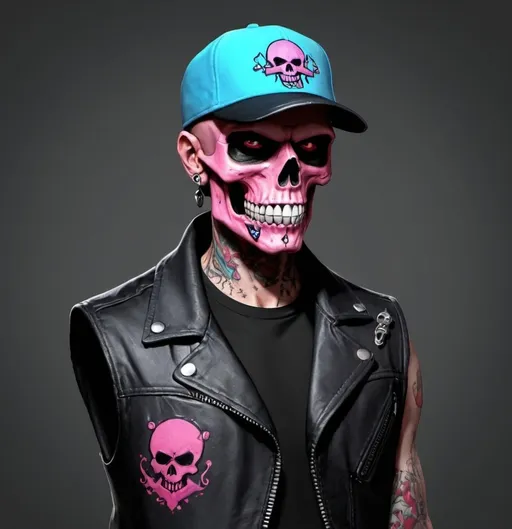 Prompt: Character design sheet skullhead man blue-pink cap,  black leather vest with red blood accents, skull tattoos, music tatoos