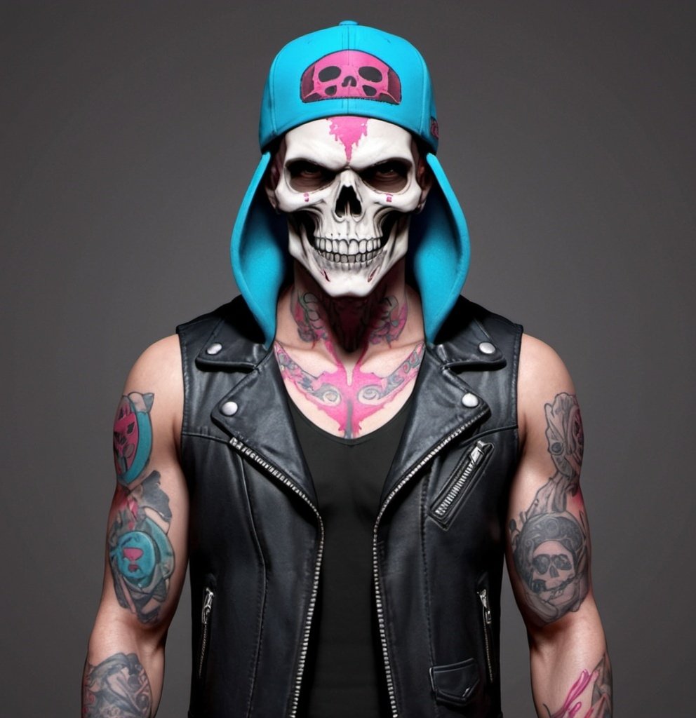 Prompt: Character design sheet skullhead man blue-pink cap,  black leather vest with red blood accents, skull tattoos, music tatoos