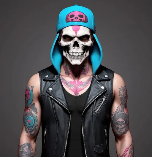 Prompt: Character design sheet skullhead man blue-pink cap,  black leather vest with red blood accents, skull tattoos, music tatoos