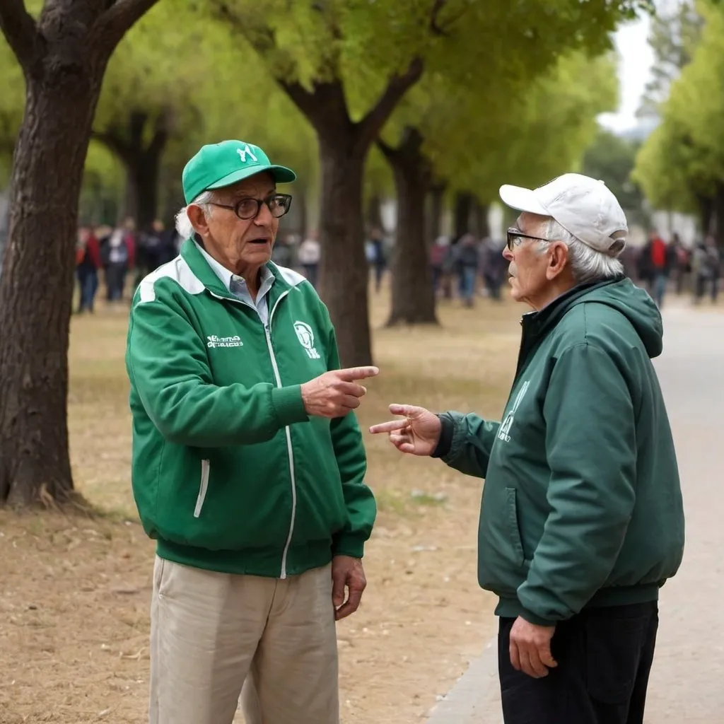 Prompt: En un parque soleado, dos ancianos están discutiendo animadamente. Uno de ellos, con una gorra de béisbol y un bastón, está gesticulando con enojo, mientras que el otro, con gafas y una chaqueta de punto, tiene los puños apretados y una expresión de obstinación en su rostro. A su alrededor, algunas personas observan la escena con asombro y una mezcla de preocupación y diversión. En el fondo, se pueden ver árboles verdes y un banco vacío. La situación refleja una mezcla de terquedad y pasión, característica de dos personas mayores que se niegan a ceder en su discusión.