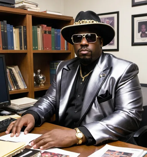 Prompt: 
 Big Black Pimp, Marcel, in his office doing pimp stuff