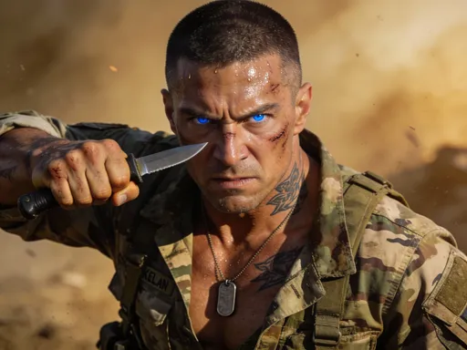Prompt: "Sergeant Major Kaelen"Generate a hyper-realistic 38-year-old soldier, Sergeant Major Kaelen, muscular build with buzzed dark hair, intense steel-blue eyes burning with fury, scarred knuckles and neck tattoos from war, in faded camouflage fatigues with dog tags. Gripping a knife handle firmly, righteous scowl, lifelike sweat on brow, subtle chest rise for breathing, dynamic pose ready for action, gritty battlefield lighting