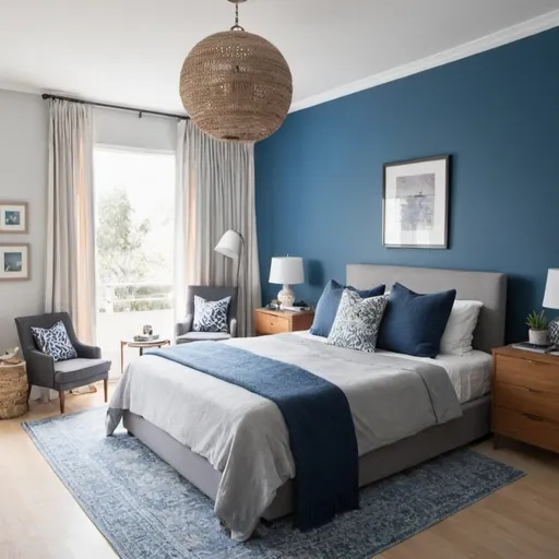 Prompt: a bedroom with color blue and grey