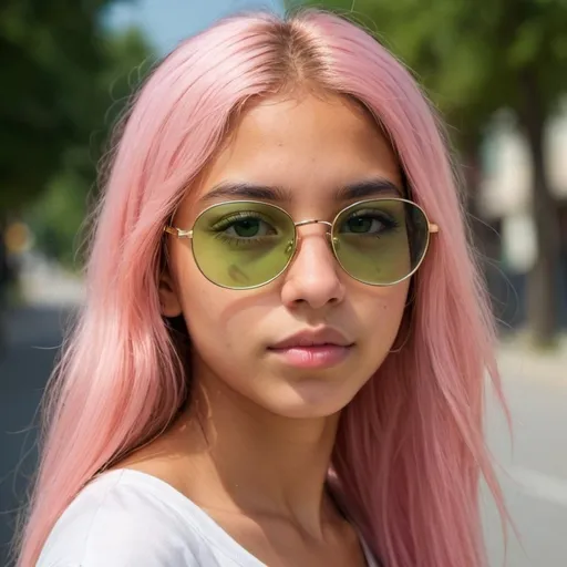 Prompt: A latin girl, with open  long bubblegumpink hair, green eyes. Normal nose, thin lips, 15 year old, semi rimless sunglasses, honey skintone