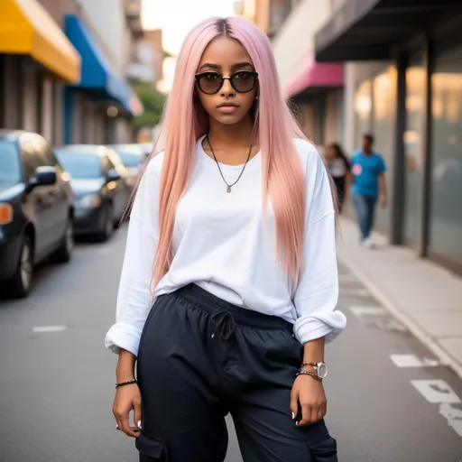 Prompt: 18 year old girl/ black latina skin/ with very long straight pinkhair/a oversize shirt in black/ baggy cagro pants,/yellowbrown eyes/ sneakers/ 5 cm long  oval nail extenions in blue / wrapearound sunglasses in black